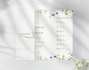 Modern Wildflower Gatefold Wedding Invitation, Trifold Sage Green & White Invite, Printable Canva Template, Floral Custom DIY QR Code | SA1