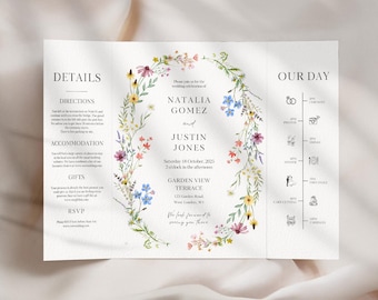 Folding Floral Wedding Invitation Template, Elegant Gatefold Wildflower Folded Invite, Digital Download, Canva, Outdoor Summer DIY Wedding
