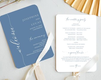 Dusty Blue Modern Wedding Program Fans Template, Wedding Ceremony Programme, Aesthetic Wedding Fans, Blue and White, Editable in Canva DIY