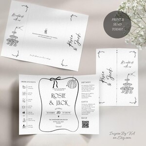 May include: Black and white wedding invitation with the names "Rosie & Jack" in elegant script. The invitation includes event details, a timeline, and a QR code for RSVP. The design features decorative elements and the text "Print & Send Today!"