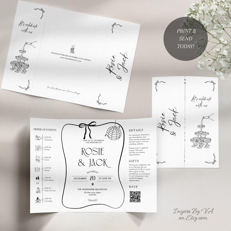 May include: Black and white wedding invitation with the names "Rosie & Jack" in elegant script. The invitation includes event details, a timeline, and a QR code for RSVP. The design features decorative elements and the text "Print & Send Today!"