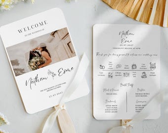 Elegant Wedding Program Fans Template, Upload Your Own Picture, Wedding Ceremony Program, Minimal Wedding Timeline Program Fan Edit in Canva