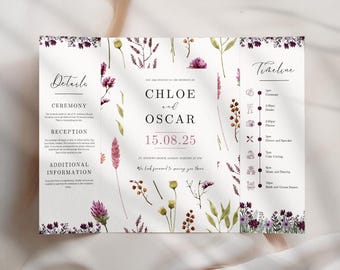 Gatefold Wedding Invitation Template, Floral Design, Digital Canva Template, Easy to edit Wedding Flowers Folded Invitation INSTANT DOWNLOAD