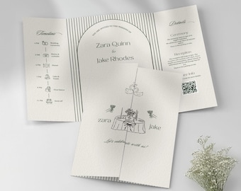Chic Ivory Dark Green Gatefold Wedding Invite, Modern Illustrate Vintage Trifold With QR Code, Folding Arched Digital Canva Invitation | ZA1