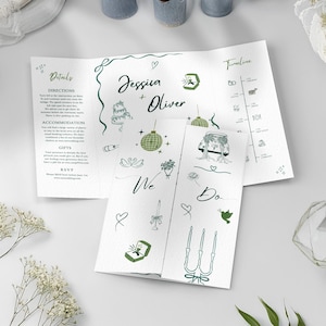 May include: A wedding invitation with a green and white colour scheme. The invitation features illustrations of a wedding cake, a disco ball, a car, and candles. The text on the invitation reads "Jessica + Oliver" and "We Do".