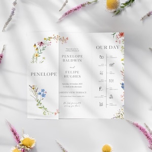 Wildflower Gatefold Wedding Invitation Template, Elegant Trifold Floral Folding Invite, Digital Canva Printable, Outdoor Rustic DIY Wedding