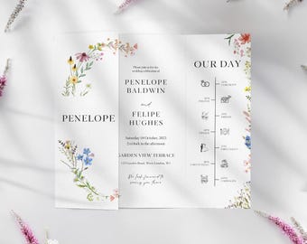 Puede incluir: Una invitación de boda con un diseño floral. La invitación es para Penelope Baldwin y Felipe Hughes. La boda tendrá lugar el sábado 18 de octubre de 2025 a las 14:00 horas en Garden View Terrace, 123 Garden Road, West London, W1. La invitación incluye una línea de tiempo del día de la boda.