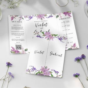 Modello di invito di nozze con copertina floreale, invito con fiori viola con codice QR, invito pieghevole digitale stampabile su Canva, invito pieghevole di classe