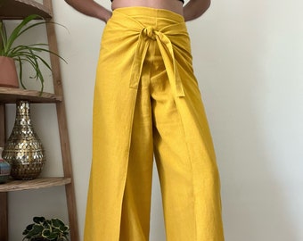 Mustard Yellow Linen Palazzo Wide Leg Wrap Pants - Customize the Size with Tie