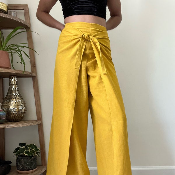 Mustard Yellow Linen Palazzo Wide Leg Wrap Pants - Customize the Size with Tie