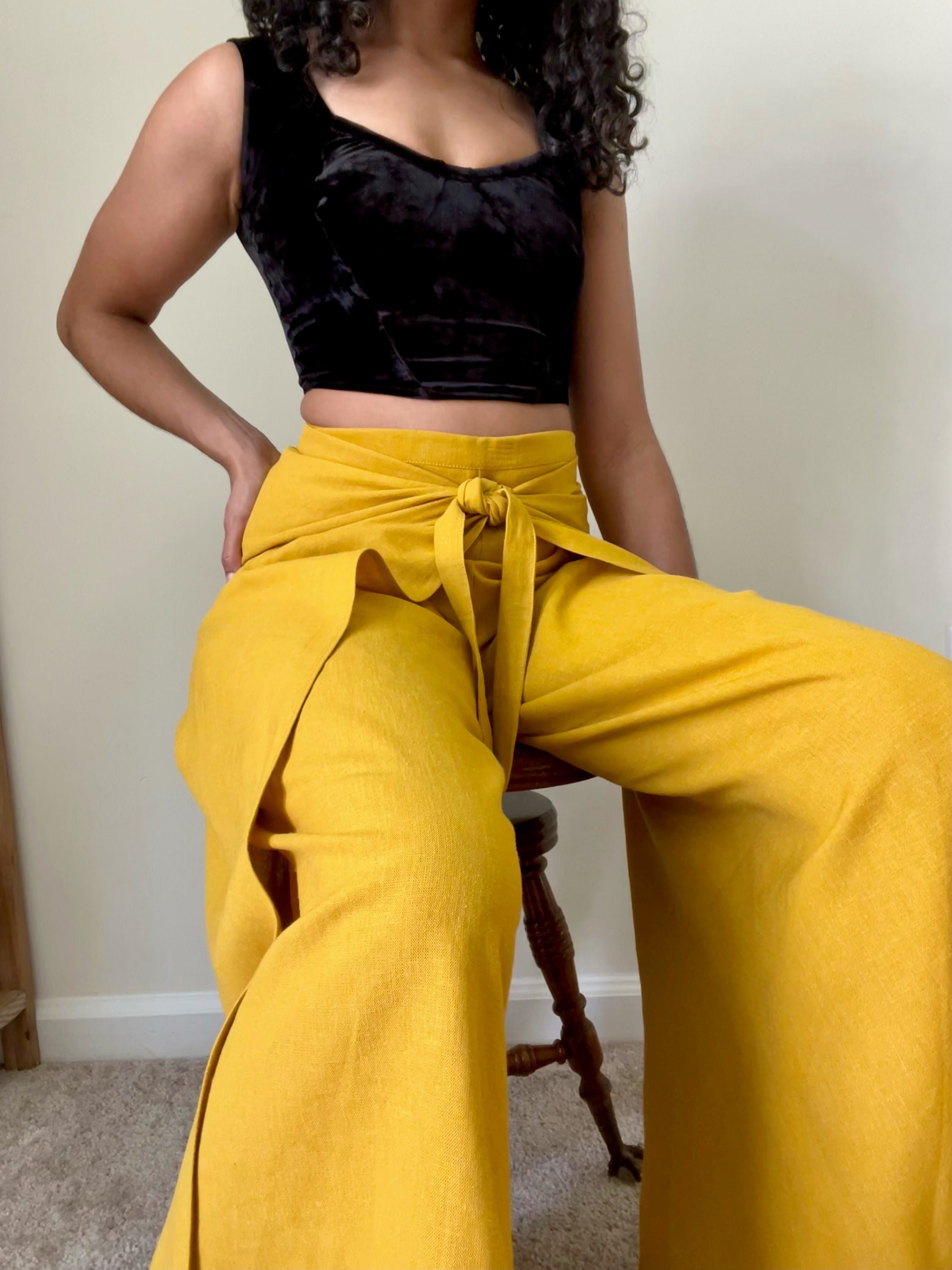 Mustard Yellow Linen Palazzo Wide Leg Wrap Pants Customize the Size