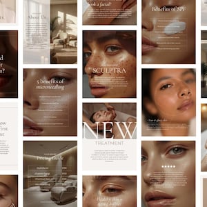 Op de afbeelding: Een collage van afbeeldingen die huidverzorgingsbehandelingen promoten. De afbeeldingen bevatten close-ups van gezichten, tekst over behandelingen en een prijsgids. De tekst bevat zinnen als "Do I need volume or definition?" en "5 benefits of microneedling."