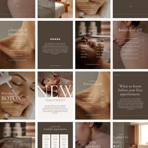May include: A series of brown and white informational cards for a skincare business. The cards include details on Botox, microneedling, SPF benefits, pricing, and appointment availability. The text includes "NEW TREATMENT" and "Opening Hours".