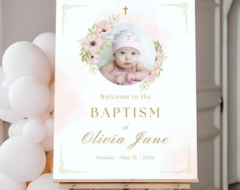 Baptism Welcome Sign, Custom Photo Welcome Easel Sign for Baby Girl, Religious Pink Floral Baptism Decor, Christening Decorations