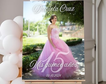 Aangepaste foto Quinceañera-welkomstbord, gepersonaliseerde Mis Quince Años-poster, 15e verjaardag decor, vijftiende Quinceanera foamboard-schildersezelbord