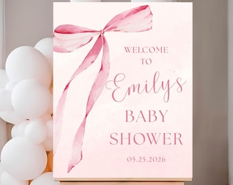 Baby Shower Welcome Sign, Pink Bow Baby Girl Shower Sign, Coquette Baby Shower Decor, Baby Sprinkle or Baby Brunch Welcome Poster