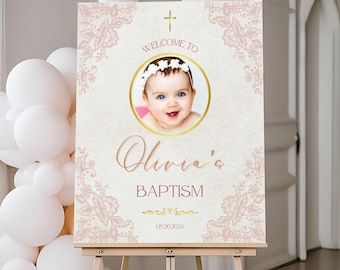 Baptism Welcome Sign, Custom Photo Welcome Sign for Baby Girl, Religious Pink and Gold Lace Baptism Decor, Christening Decoration for Girls