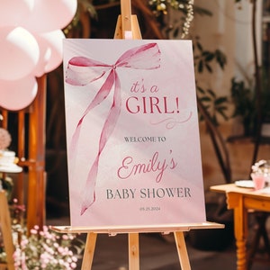 Letrero de acrílico con lazo rosa para baby shower, letrero de bienvenida personalizado para baby shower, letrero de caballete para baby shower, póster personalizado para niña, letrero de tablero de espuma