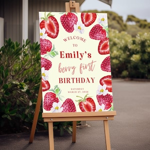 Panneau de bienvenue acrylique premier anniversaire baie, panneau de mousse 1er anniversaire, affiche d'anniversaire floral fraise un an, décoration de fête d'enfants