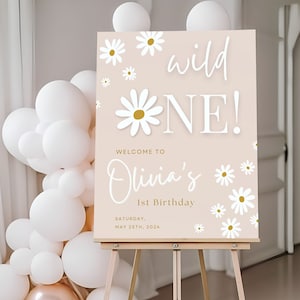 Panneau de bienvenue en acrylique Wild One premier anniversaire, panneau en mousse pour 1er anniversaire, affiche d'anniversaire florale d'un an, décoration de fête d'anniversaire marguerite