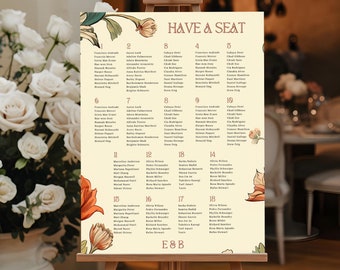 Personalized Wedding Seating Chart, Custom Foam Board Reception Entrance Sign, Art Deco Wedding Guest Decor, Fall Vintage Floral Signage