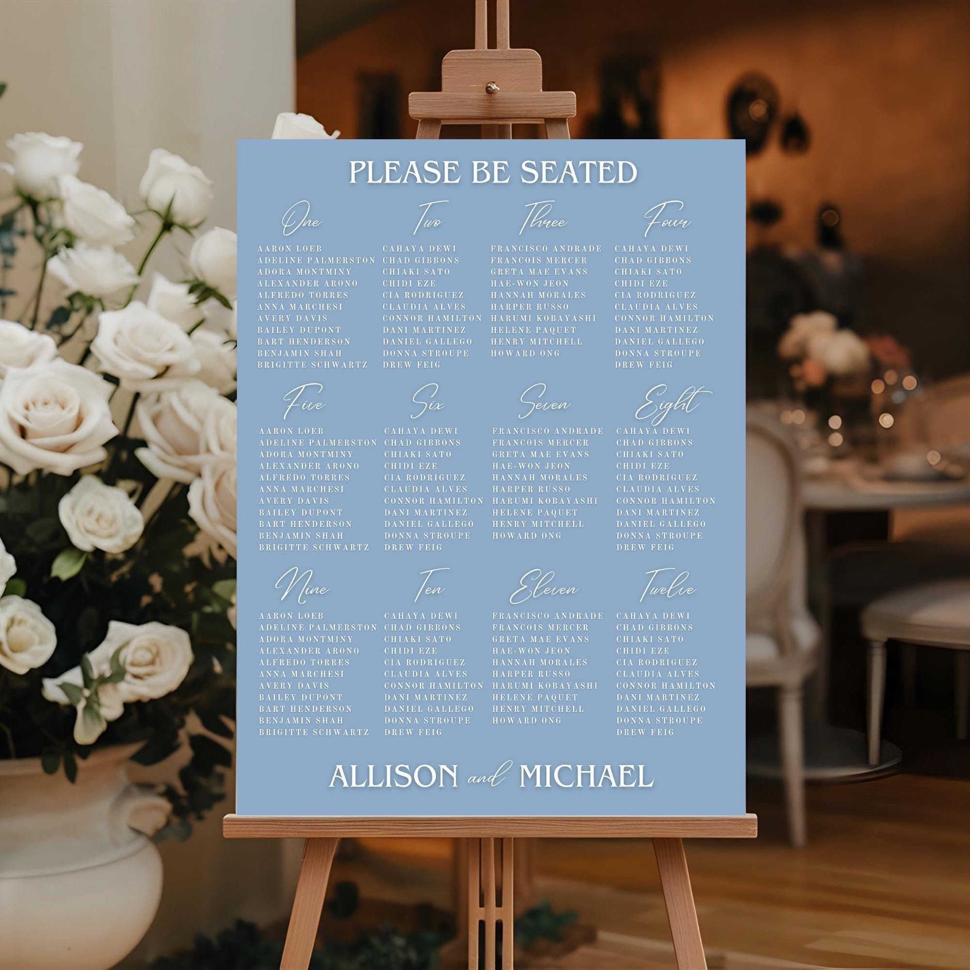 Personalized Wedding Seating Chart, Custom Foam Board Reception Entrance Sign, Art Deco Wedding Guest Decor, Blue Vintage Floral Signage