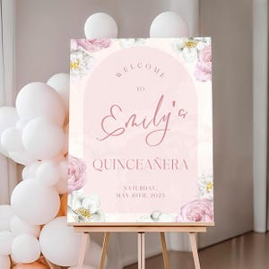 Quinceañera Welcome Sign, Personalized Mis Quince Años Poster, Pink Floral 15th Birthday Decor, Fifteenth Quinceanera Foam Board Easel Sign