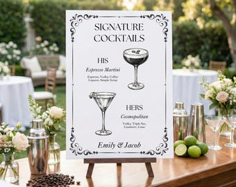 Custom Signature Drink Sign for Wedding Reception or Cocktail Hour, Personalized Wedding Bar Menu Poster: Foam Board, Wood, Acrylic, Framed