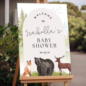Letrero de acrílico personalizado para baby shower con animales del bosque, letrero de bienvenida para baby shower con tablero de espuma personalizado, póster de baby shower con temática de bosque de género neutro