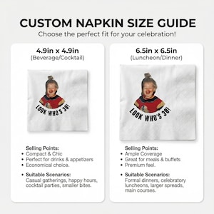 May include: Custom napkin size guide with two white napkins. One is 4.9in x 4.9in, the other is 6.5in x 6.5in. Each napkin has a photo of a person with the text "LOOK WHO'S 30!". The guide provides selling points and suitable scenarios for each size.