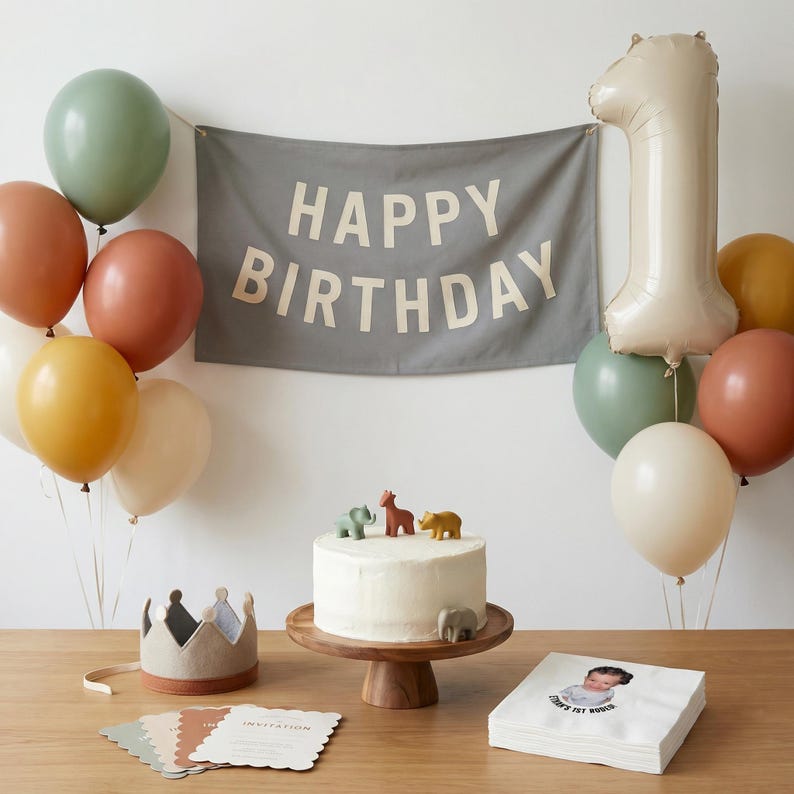 May include: A birthday party scene with a gray banner reading "HAPPY BIRTHDAY" and a large number one balloon. A white cake with animal figurines sits on a wooden stand, surrounded by balloons in various colors. A crown and invitations are also present.