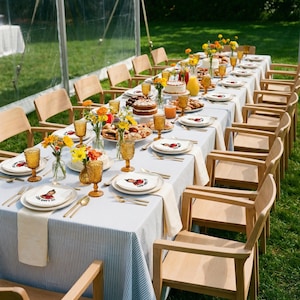 May include: A long table set for a party, covered with a blue and white striped tablecloth. The table is set with plates, glasses, and silverware. There are floral arrangements, cakes, and other food items. Wooden chairs surround the table, set on a grassy lawn.