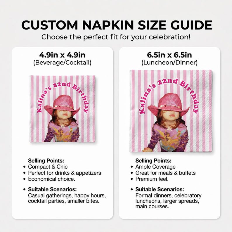 May include: A custom napkin size guide showing two square napkins with pink and white stripes. Each napkin features a photo of a person in a pink cowboy hat and the text Kalina's 22nd Birthday. Sizes are 4.9in x 4.9in and 6.5in x 6.5in.