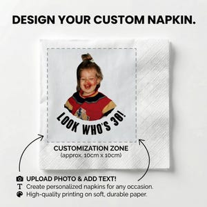 May include: White napkin with a photo of a person with the text "LOOK WHO'S 30!" and "DESIGN YOUR CUSTOM NAPKIN." The customization zone is approximately 10cm x 10cm. Upload photo and add text to create personalized napkins.