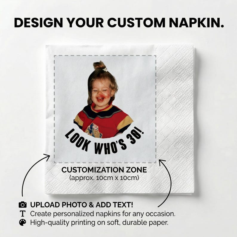 May include: White napkin with a photo of a person with the text "LOOK WHO'S 30!" and "DESIGN YOUR CUSTOM NAPKIN." The customization zone is approximately 10cm x 10cm. Upload photo and add text to create personalized napkins.