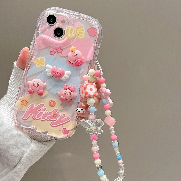 Kirby Kawaii Handphone Protective Case With Phone Strap iPhone 15/14/13/12/11 Pro & Pro Max or Plus case iPhone Xr Xs Max Birthday Gift