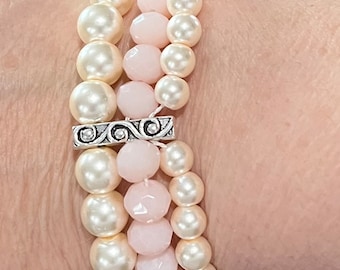 Three Strand Pearl Look Bead Bracelet, Handmade