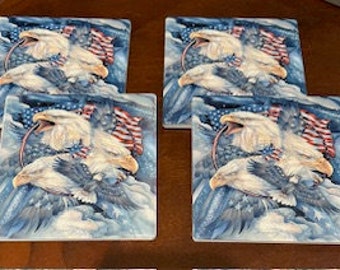 Ceramic Coasters Set of 4, Patriotic American Eagle Coaster Set, Handcrafted