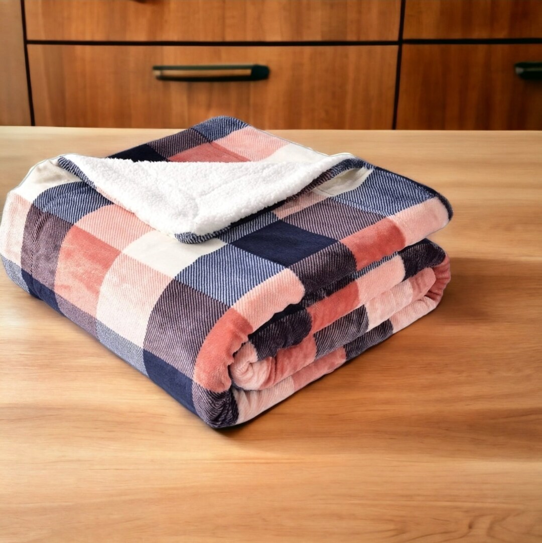 Checked Fleece Blanket Sherpa Style Doublesided Coral Pink Etsy