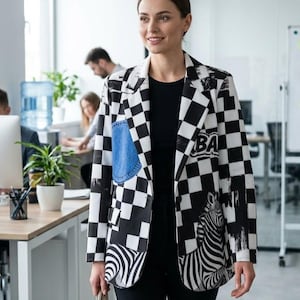 Czarno-biała marynarka w kratkę z detalami zebry i kieszenią dżinsową, elegancka damska kurtka w miejskim szyku, wyjątkowa dopasowana marynarka z dużym dekoltem