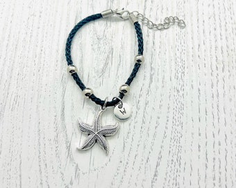 Starfish Bracelet, Fish Charm Gift, Starfish Initial Bracelet, Personalized Beach Wedding Jewelry,