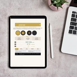 Op de afbeelding: Een tablet met een educatieve infographic getiteld APERTURE, met diagrammen van lensopeningen, f-stop waarden en uitleg over scherptediepte, inclusief tekst, cirkelvormige diafragma-iconen en een tabel met instellingen voor fotografie.