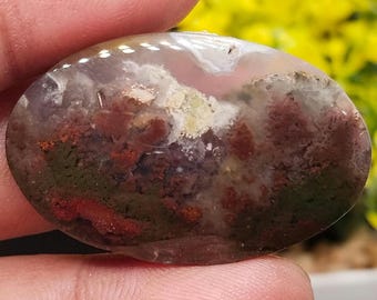 Cabochon di agata muschiata 38 x 24 mm – Motivo paesaggistico, pietra preziosa ovale naturale (9,66 g)