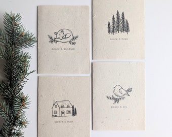 Peace Seeded Christmas Cards Set | Wildflower Paper | Hand Drawn | Animals | Cottage Core | Greetings | Plantable | Recycle | Blank Inside