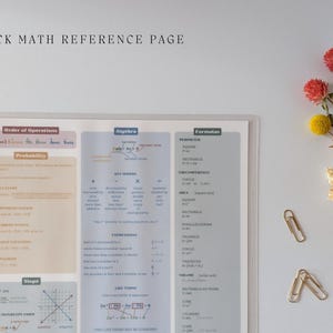 May include: A laminated math reference sheet featuring sections on order of operations, probability, algebra, and geometry formulas. The page includes text labeled BACK MATH REFERENCE PAGE, accompanied by dried flowers and two metal paper clips.