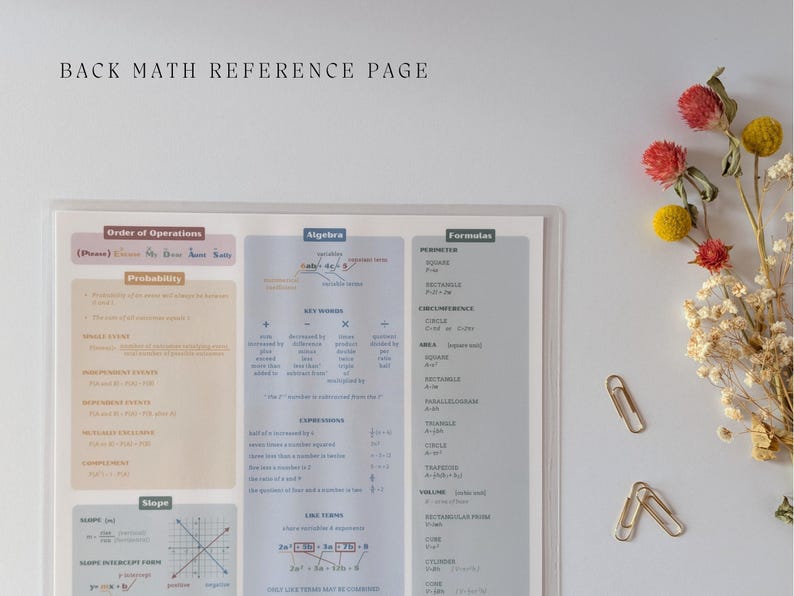 May include: A laminated math reference sheet featuring sections on order of operations, probability, algebra, and geometry formulas. The page includes text labeled BACK MATH REFERENCE PAGE, accompanied by dried flowers and two metal paper clips.