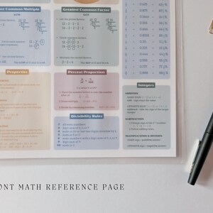 May include: A laminated math reference sheet featuring colorful sections on Least Common Multiple, Greatest Common Factor, Properties, Percent Proportion, Divisibility Rules, and Integers, accompanied by a black pen and two gold paper clips.