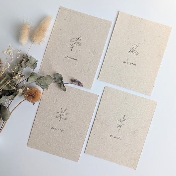 Grateful Seeded Wildflower Paper Thank You | Notecard | Leaf Drawing | Plantable | Set of 4 | Variety Pack | Blank Inside | Recycle