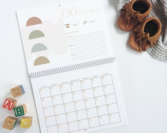 Your First Year Baby Calendar | Geometric Shapes | Boho | Modern | Newborn Keepsake Journal | Undated | Nursery Calendar |Milestone Stickers
