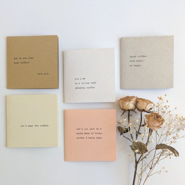 Coffee and You Card Set | Set of 5 | Small Notecards | Typewritten | Quotes | Friends | Miss You | Love You | Happy Birthday |Wedding |Books